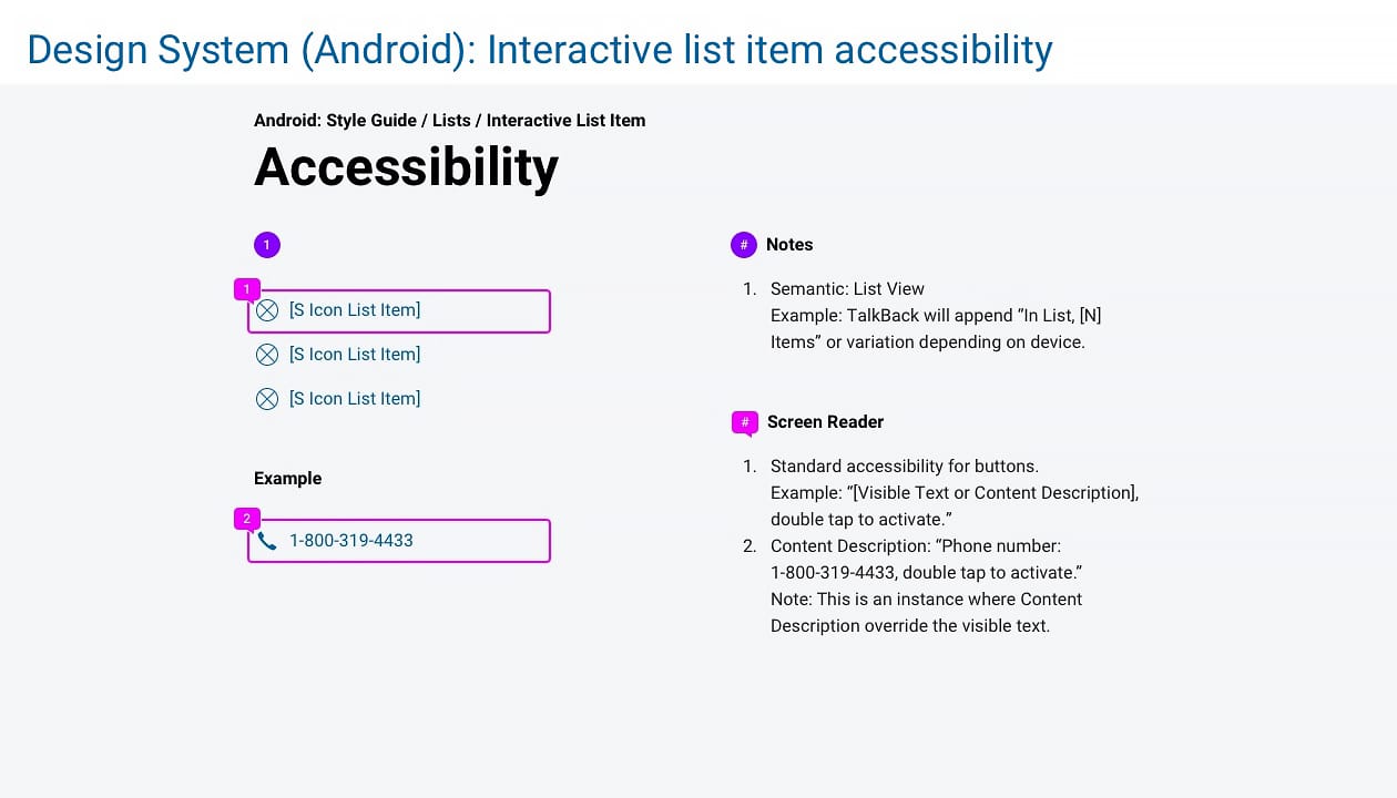 ADA specs for interactive list item in Android