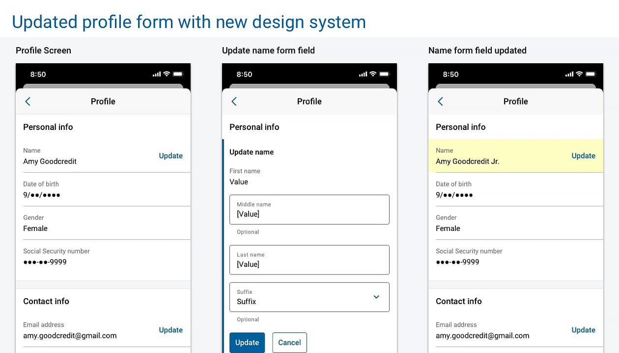 Updated profile form fields using the unity design system