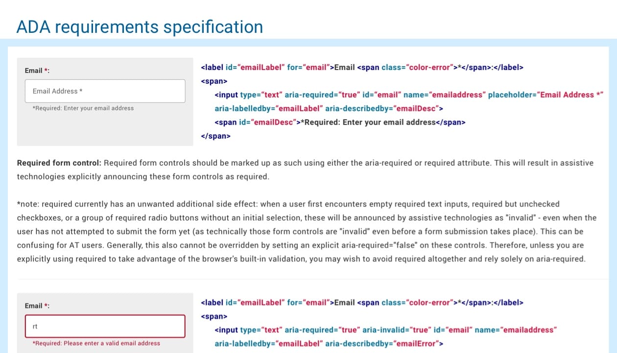 ADA requirements specification sample on form fields