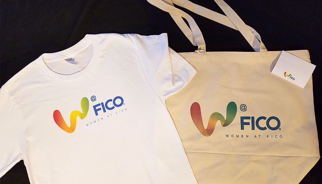 women at FICO logo on t-shirts, pins and tote bags